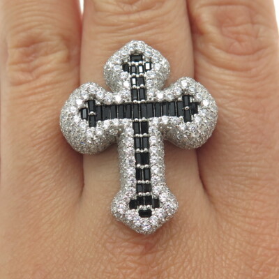 REL 925 Sterling Silver Pave White & Black C Z Cross Statement