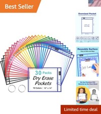 30 Oversized Reusable Dry Erase Pockets with Rings - 10 Color Classroom Set