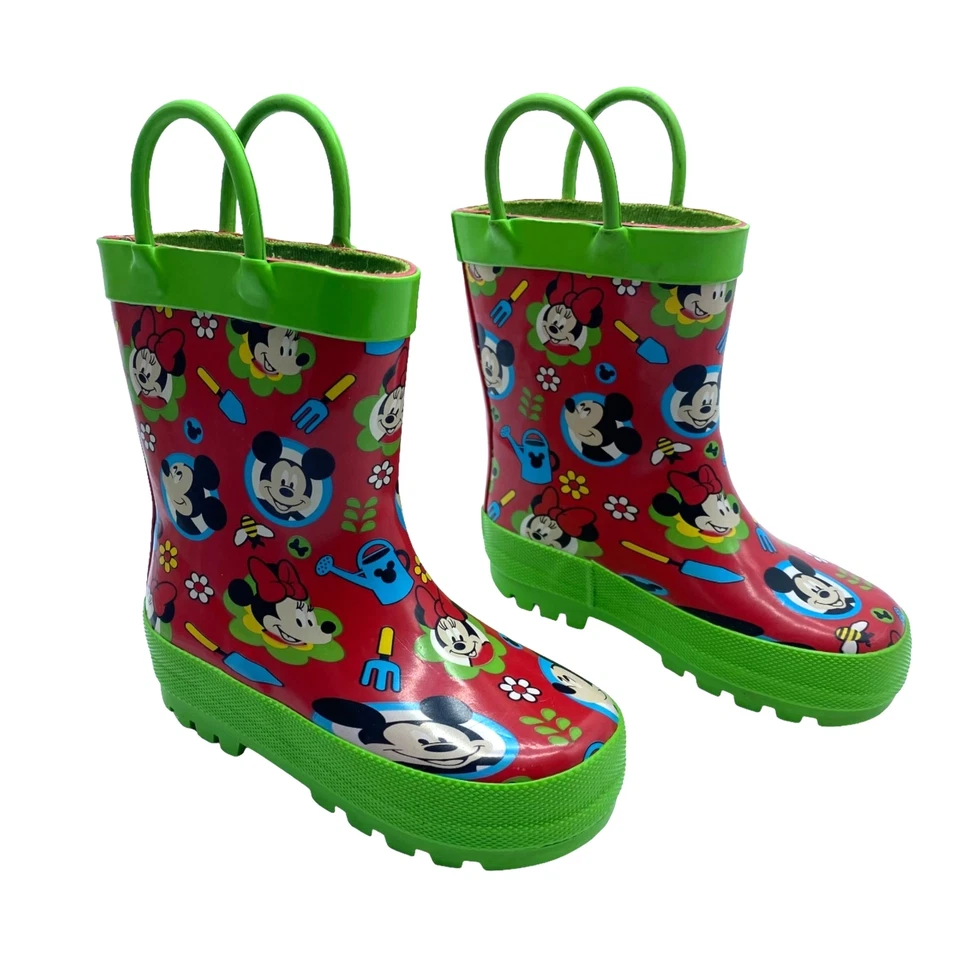 Disney Mickey X Minnie Niños Talla 5/6 Rojo Verde Pull On Goma Lluvia Botas de Jardín Foto 2 de 4