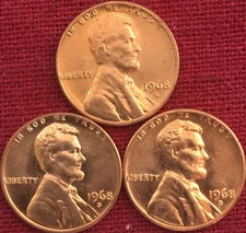 1968 S  LINCOLN MEMORIAL CENT BEAUTIFUL RED BRILLIANT UNCIRCULATED - LOT OF 3