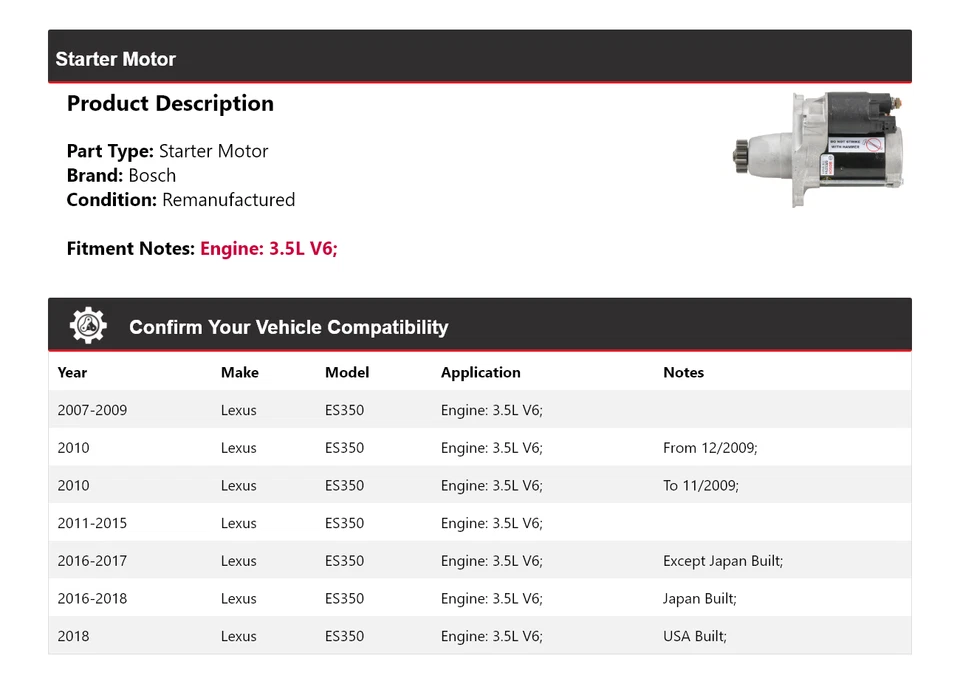 Arranque Bosch V6 3,5 L para Lexus ES350 2007-2018 (remanufacturado) 2008 2009 2010 Foto 2 de 4