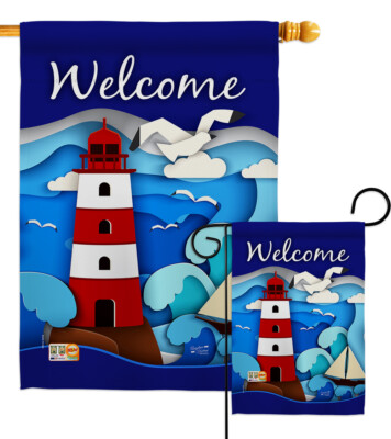 Welcome Red Lighthouse Nautical Sea Boat Ships House Seal Garden Yard Flag