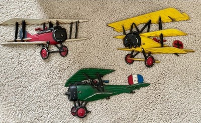Homco Metal Painted Multicolor Airplane Wall Plaques Set of 3 Vintage 1970s