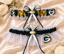 Handmade NFL Green Bay Packers White Organza Green Satin, Wedding Garters Set.