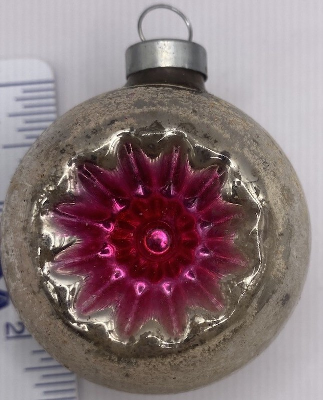 Vintage POLAND BLOWN MERCURY GLASS PINK,   SILVER INDENT CHRISTMAS TREE ORNAMENT