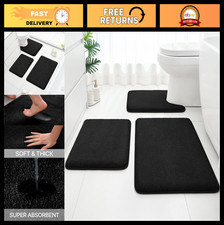3 Piece Bathroom Rug Set - Black Non-Slip Soft Bath Mats 17"x24", 20"x32", 20"x2
