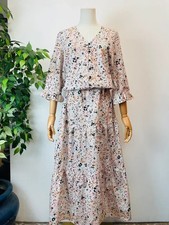 Vintage 80s Grey Pink Apricot Black Animal Print Tiered Maxi Dress 12 14