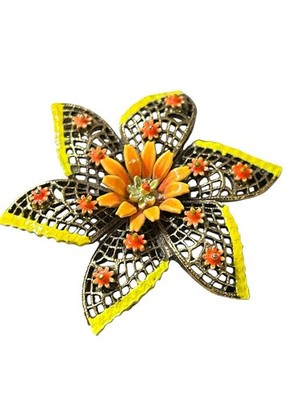 Vintage Brooch Signed ART bright Yellow Orange Flower Jewelry 1960s Fashion
