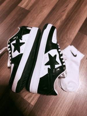 A Bathing Ape BAPE STA Black White Patent Leather Low Top Sneakers Lace Up