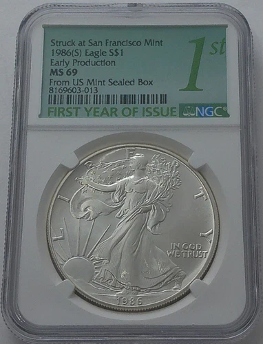 1986 (S) NGC $1 MS69 1 OZ Silver Eagle Early Production From US Mint Sealed Box