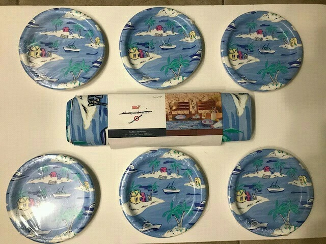 Vineyard Vines Blue White Ship Island Beach Table Runner 60 Appetizer Plates New - Image 2 of 4