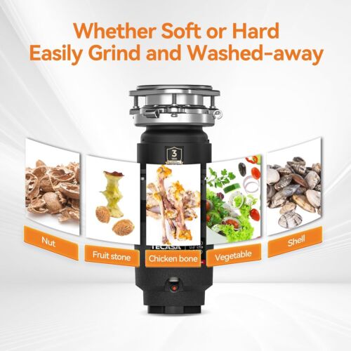 TECASA 1/2 HP Garbage Disposal Food Waste Disposer 2600RPM 3-Bolt Mount Anti-Jam - Picture 7 of 9