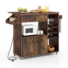 Multifunctional Drop-Leaf Kitchen Island Mobile Cart with 360° Rolling Casters