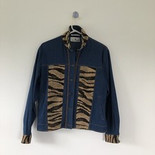 Erin London Stretch Blue Denim Tapestry Jacket Size Small Animal Print Collared