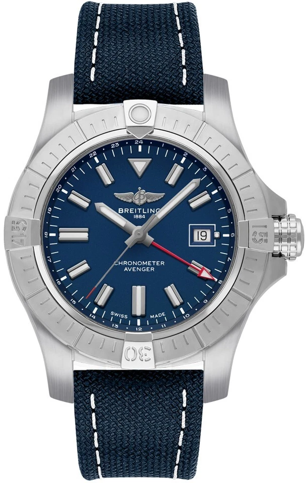 Reloj Breitling Avenger A32395 GMT esfera azul acero inoxidable correa de cuero para hombre