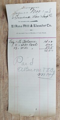 Letterhead Oklahoma Territory El Reno Mill & Elevator Company  1898