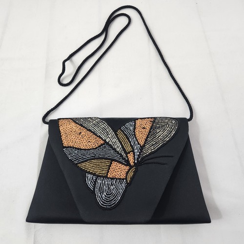 Butterfly Art Deco Beaded Envelope Evening Bag Purse Carla Marchi Black Flap - Picture 4 of 8