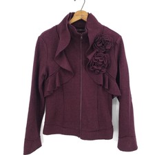 Hazel Burgundy Wool Ruffle Jacket Womens Medium Floral Details Zip Front Wine
