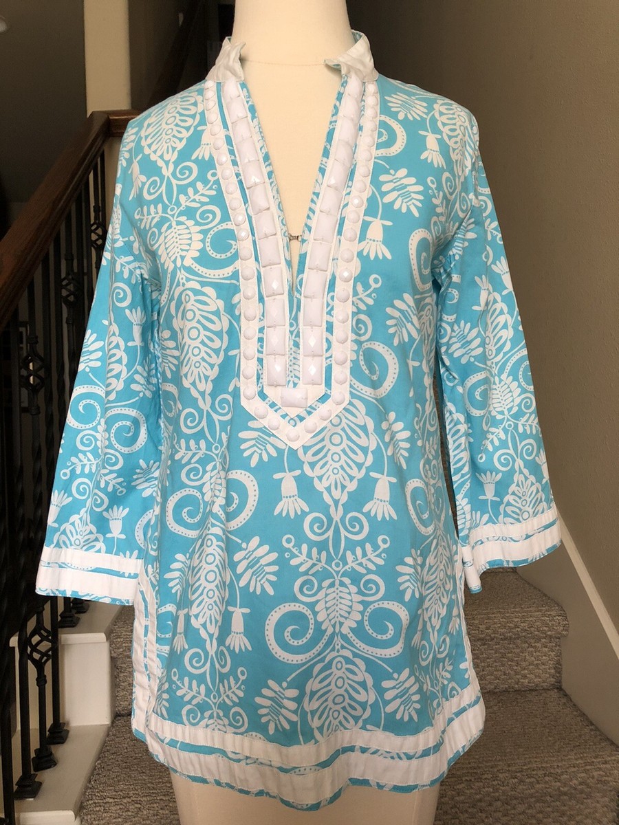 Katherine NY Women Small Teal Floral Woven Cotton Tunic Top