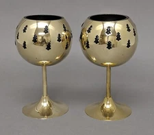 Votive Candle Holder Brass Green Glass Liner Tree Cutouts 4"D 6"High Set/2