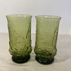 Vtg 2 Anchor Hocking Rainflower Avocado Green Water Glasses MCM 6" Tall