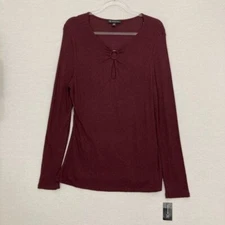 New INC International Concepts Burgundy Rib Knit Keyhole Detail Stretch Top XL