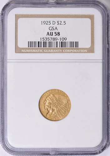 1925-D INDIAN HEAD $2.5 QUARTER EAGLE GOLD NGC AU58 GSA
