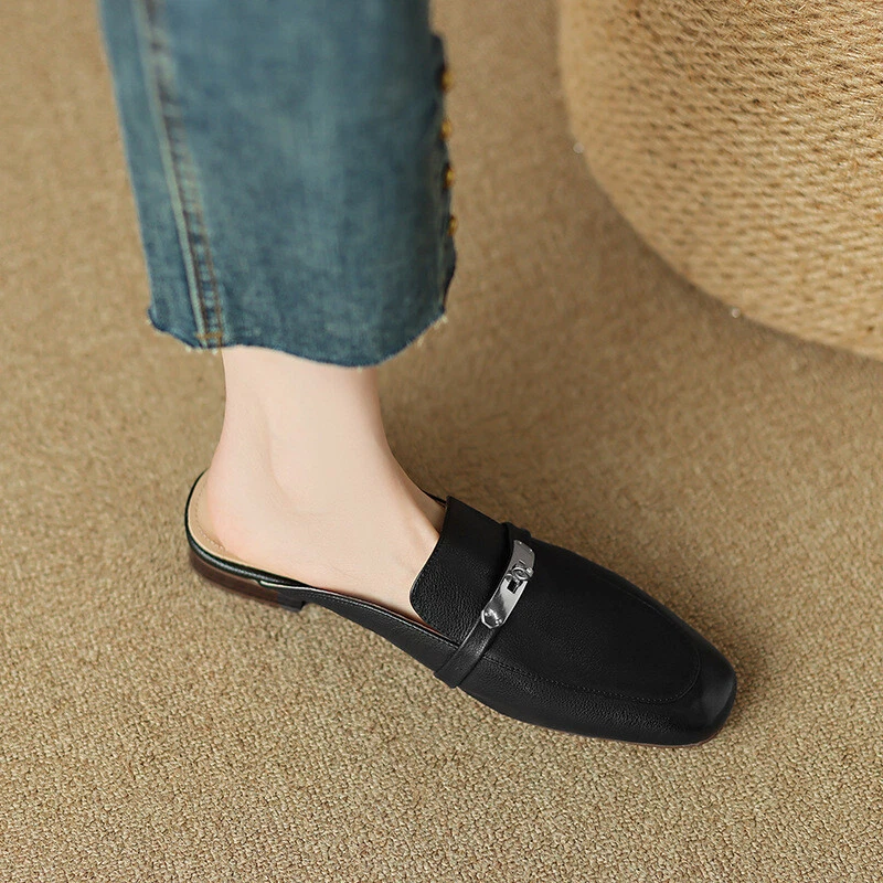 Женские квадратные пальцы ног толщиной каблуки плоский тапочки Summer новый низкий каблук комфорт обувь - Изображение 2 из 4