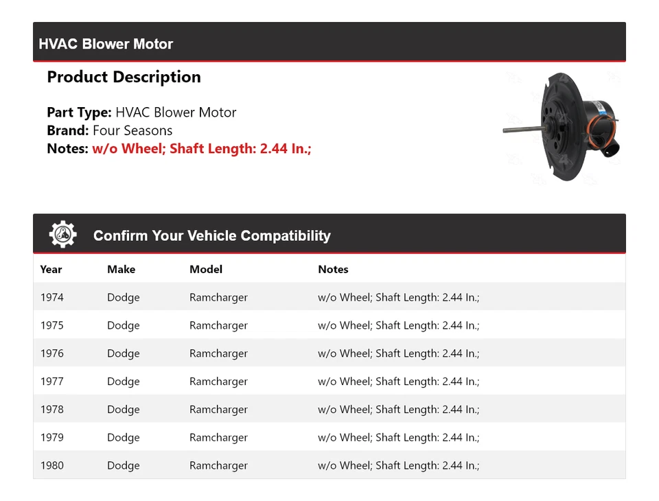 For 1974-1980 Dodge Ramcharger HVAC Blower Motor 4 Seasons 1975 1976 1977 1978 - Image 2 of 4