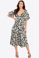 Womens Black Floral Wrap Front Bubble Sleeves Midi Dress