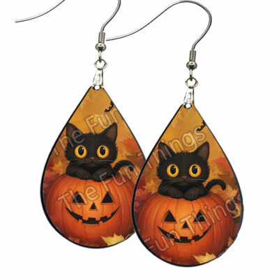 #ad Halloween Black Cat Earrings Teardrop NO TARNISHING Pumpkin Autumn Jewelry Gifts $12.95