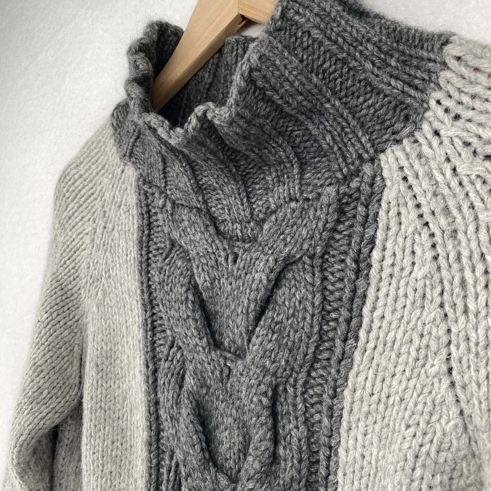 BODEN Sweater S Wool Alpaca Chunky Cable Colorblock Mock Neck Pullover Gray - Image 2 of 4