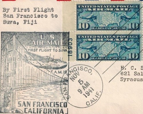 USA 1941 First Flight Cover w/SUVA BACKSTAMP & Block of 4 SC C7 - Picture 2 of 3