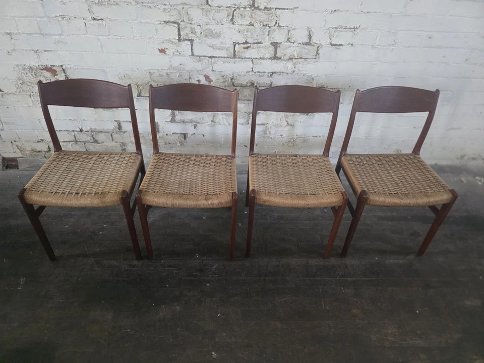 Set Of 4 Danish Teak Mid-Century Papercord Dining Chairs - Image 4 of 4