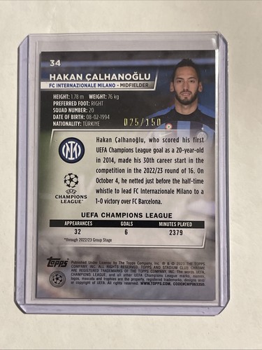 2023 Stadium Club Chrome UEFA Pink Wave Refractor Hakan Calhanoglu /150 - Picture 2 of 2