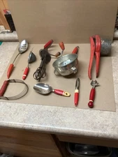 9 Vintage Red Handled Country Kitchen Utensils Lot 8 Wood 1 Plastic