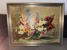 Handgemaltes Blumen Stillleben Gemälde signiert W. Richter Vintage mit Rahmen
