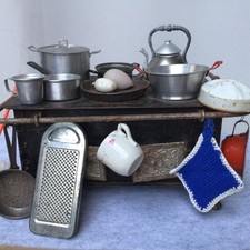 Antique Bing dolls children's oven stove with lots of accessories for dolls and
