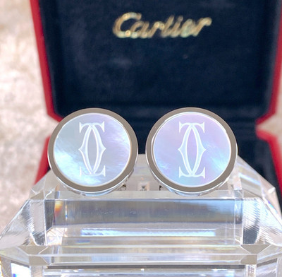 Cartier Double C Round Cufflinks 2C Logo 925 Sterling Silver with Case