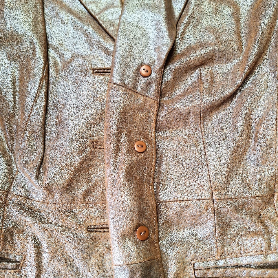 NOVO Vintage Terry Lewis Feminino XS Blazer de Couro Jaqueta de Motociclista Ouro/Bronze - Imagem 3 de 4