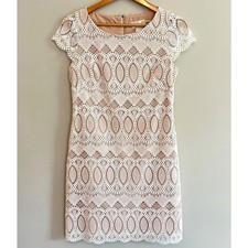 Eliza J Scalloped Lace Mini Dress Womens Size 4 White Tan Crochet Cocktail Party