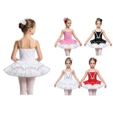 Kids Girls Dress Gymnastics Rhinestone Skirted Performance Mesh Ballet With