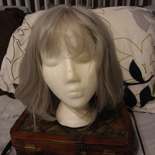 Medium Straight Silver Gray Mix Synthetic Hair Wig Women Soft Natural With Bangs