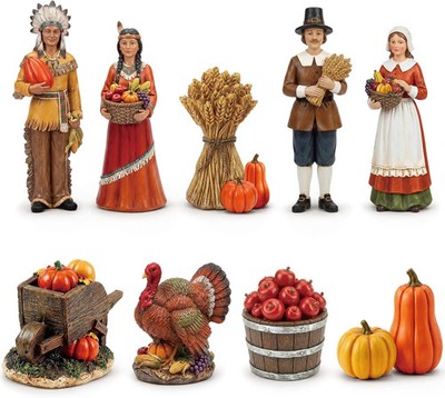 9 Pcs Thanksgiving Pilgrim Figurines Autumn Wooden Village Decor