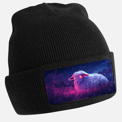 Black Cool Sheep Print Beanie Hat - Unisex Cap, Cotton