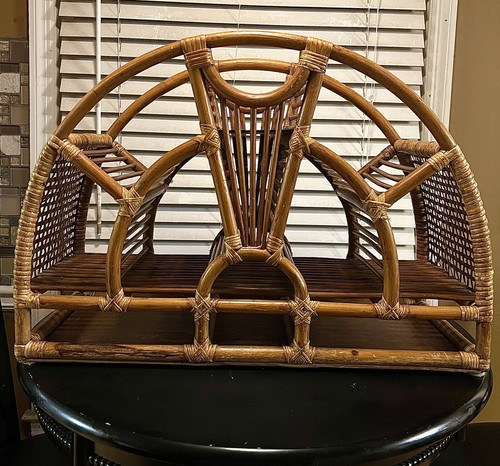 Vintage Rare Rattan Bamboo Boho Tiki Cane Wicker Wall Fan Shelf Mid Century - Picture 2 of 17