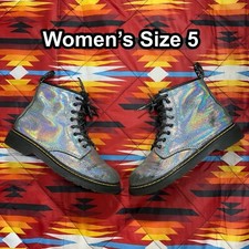 Dr. Martens 1460 J Silver Reptile Iridescent Leather Lace Up Boots Womens Size 5