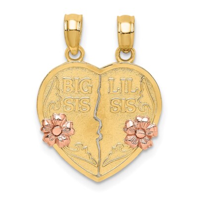 14k Two-tone Gold BIG SIS-LIL SIS Break-apart Heart Charm Pendant for Mom