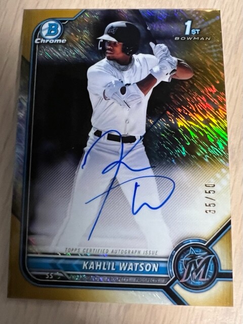 Kahlil Watson 2022 Bowman Chrome 1st Gold Shimmer Refractor Auto Miami /50