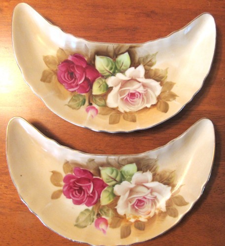 VINTAGE LEFTON 563FL CRESCENT BONE DISHES BROWN HERITAGE FLORAL - TWO HANDPAINTE - Picture 4 of 6